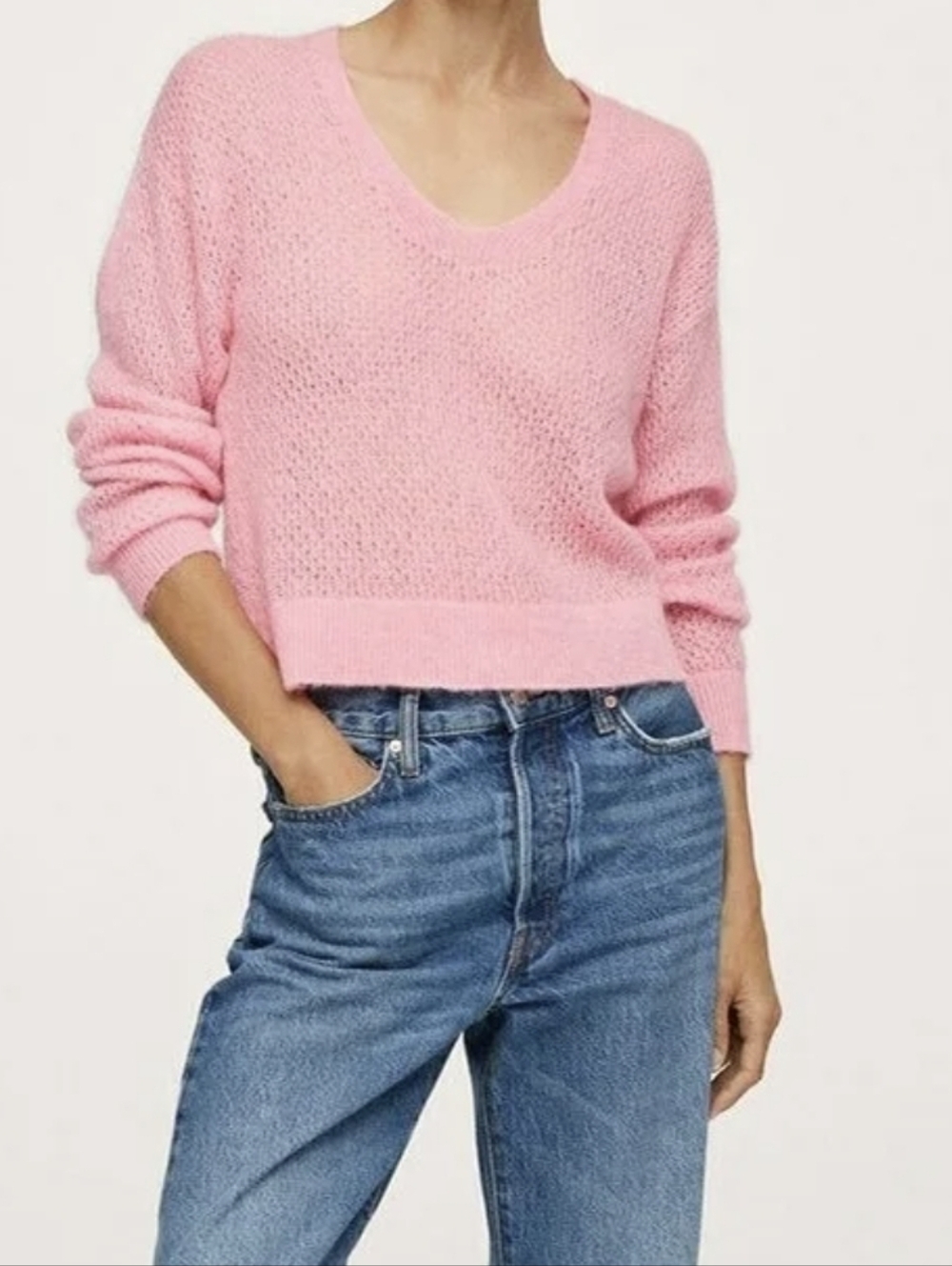 Mango Pink V-Neck Sweater Boxy Fit Wool Blend Pullover Open Knit Sz XXL